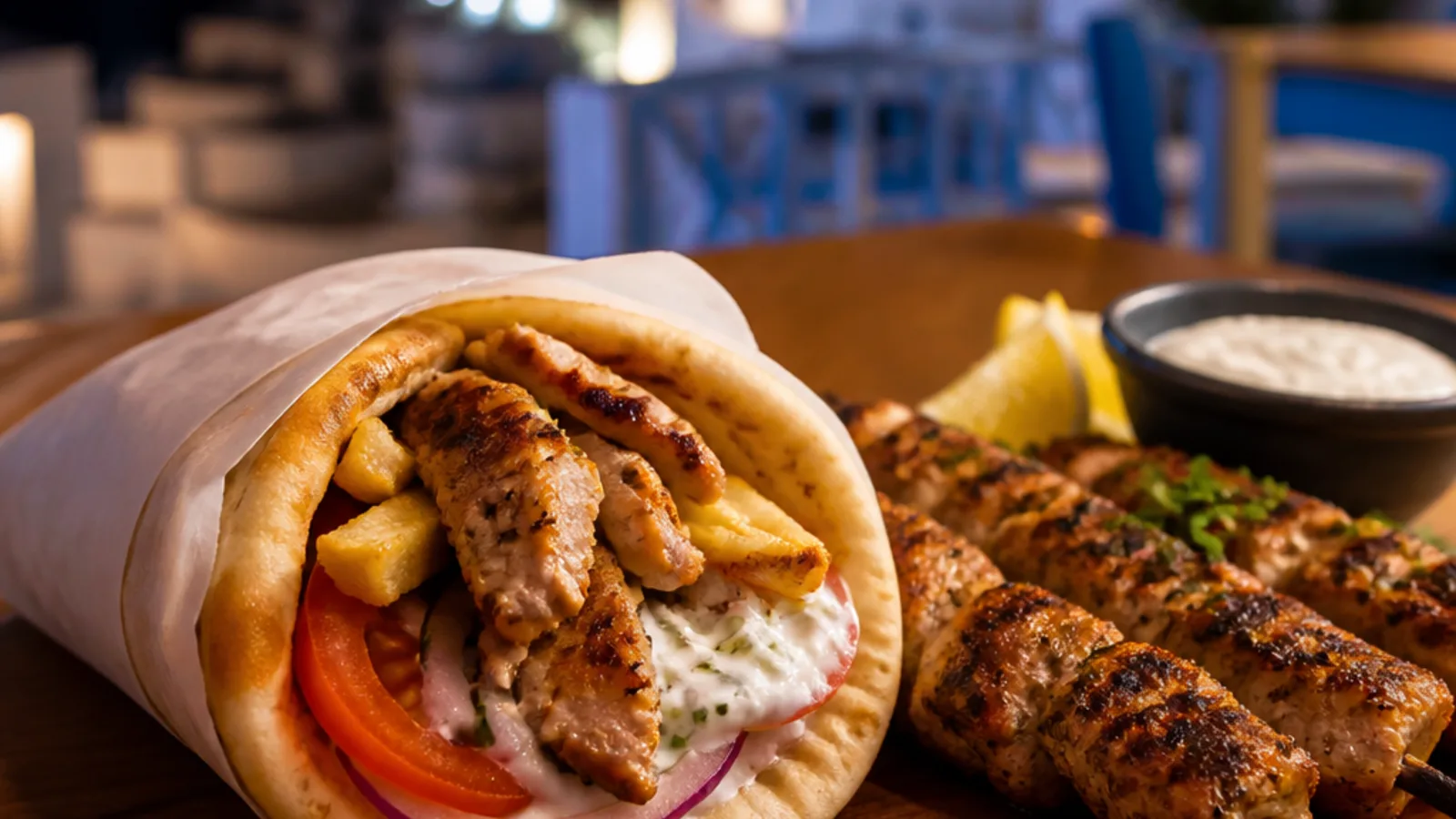 Late-night gyros and souvlaki in Santorini at Gerakos