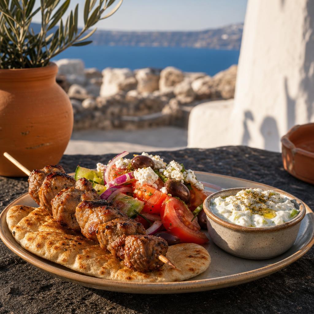 Grilled souvlaki with Greek salad and pita on a Santorini volcanic-stone table