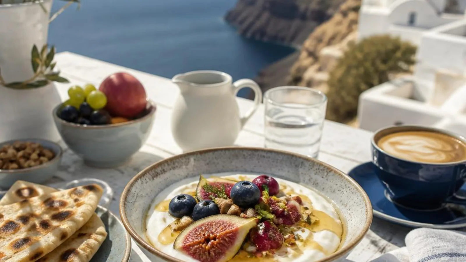 Greek breakfast with yogurt, fruit and coffee in Santorini