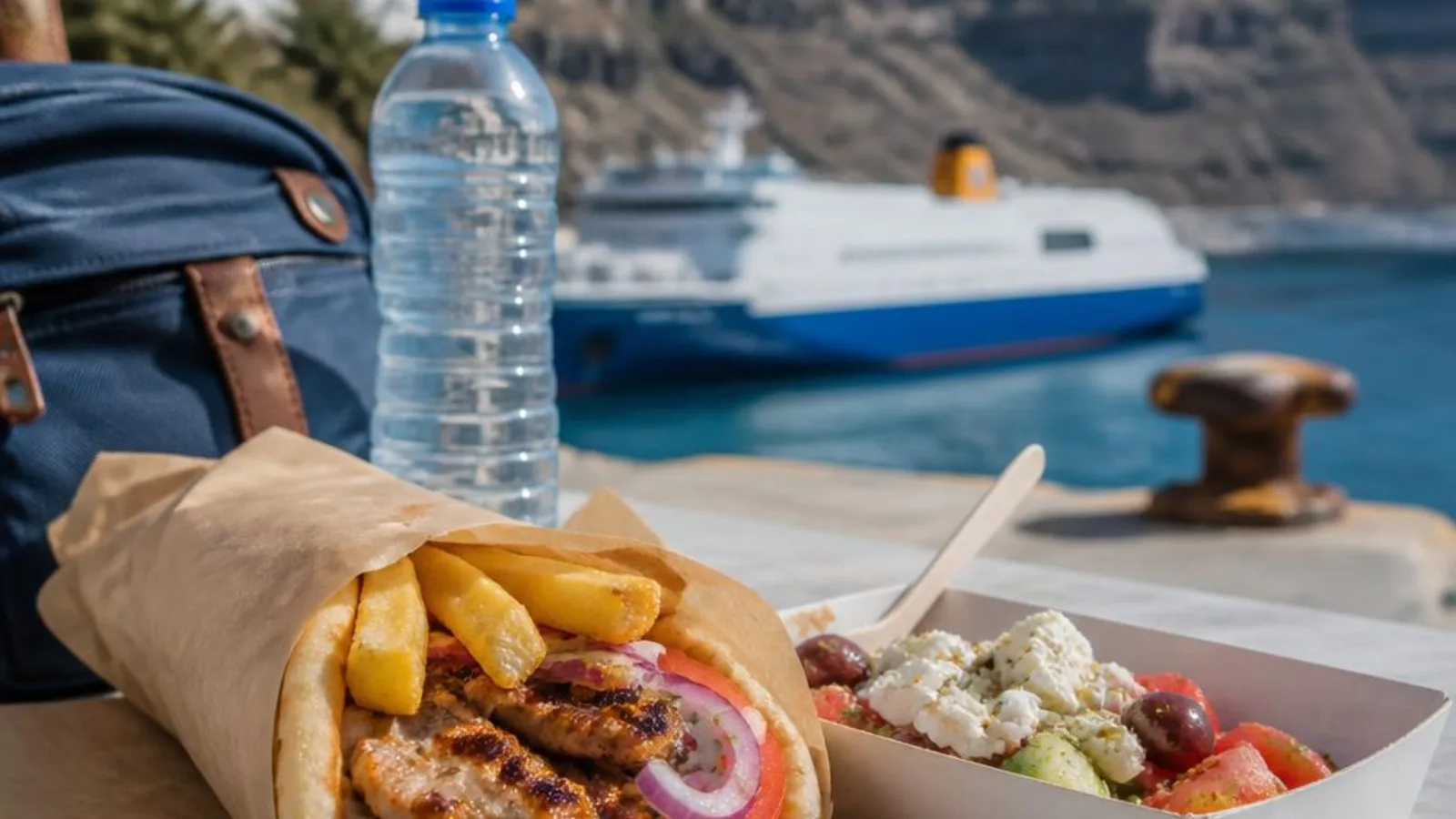 Portable Greek street food prepared before a Santorini ferry departure