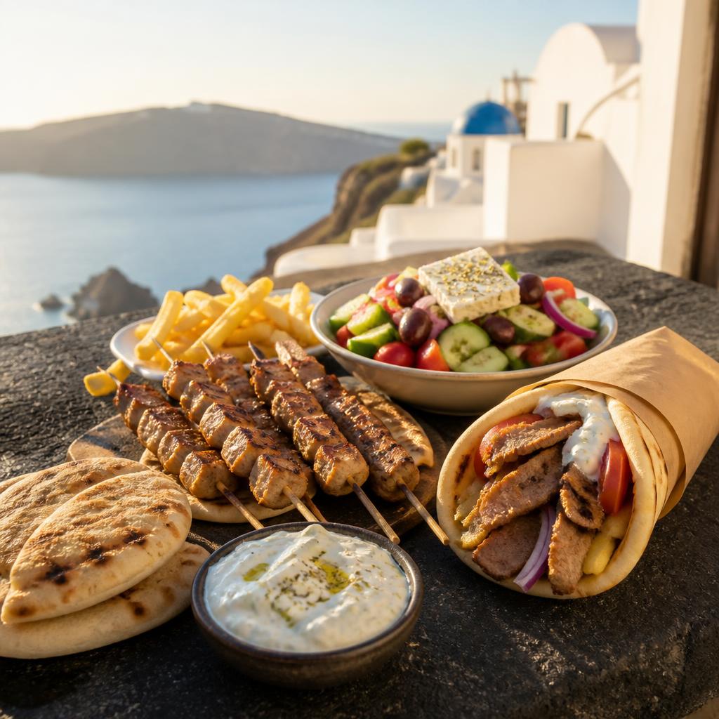 Fresh grilled souvlaki, gyros pita, Greek salad and sides prepared for a Gerakos order in Santorini