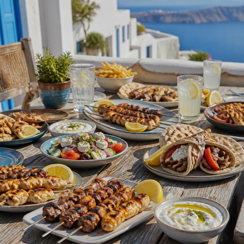 Shared souvlaki, gyros, Greek salad and sides on a Cycladic table in Santorini