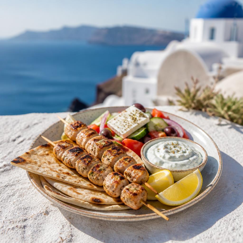 Grilled souvlaki, pita and Greek salad with Santorini caldera scenery