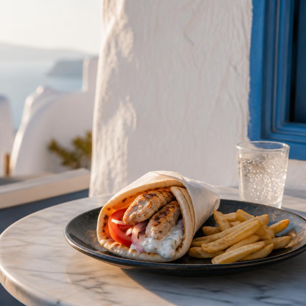 Souvlaki pita with fries on a Cycladic cafe table in Santorini