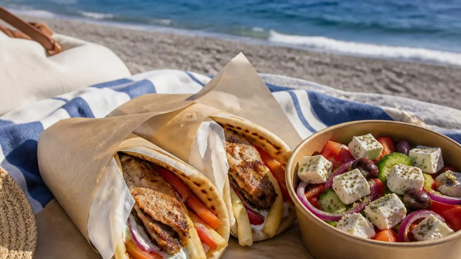 Portable gyros and Greek salad prepared for a Santorini beach day