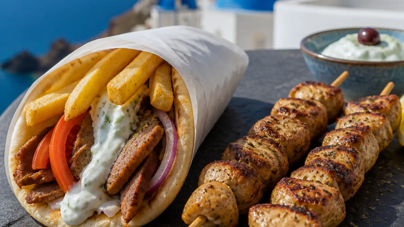 Authentic gyros pita and souvlaki near Kamari Santorini at Gerakos